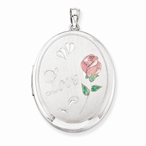 Sterling Silver Love W/ Enamel Rose 34mm Oval Locket