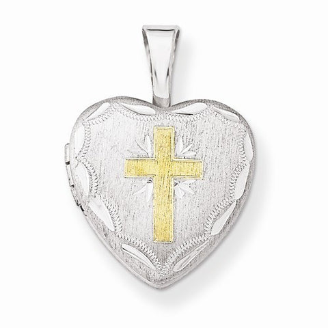 Sterling Silver Gold-Plated Cross w/ Scallop Border 12mm Heart Locket