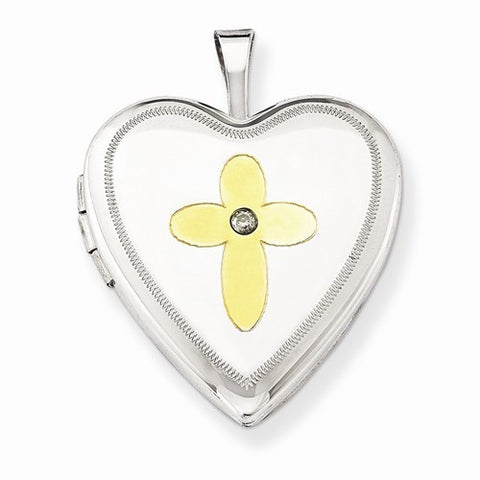 Sterling Silver & Diamond Gold-Plated Cross 20mm Heart Locket