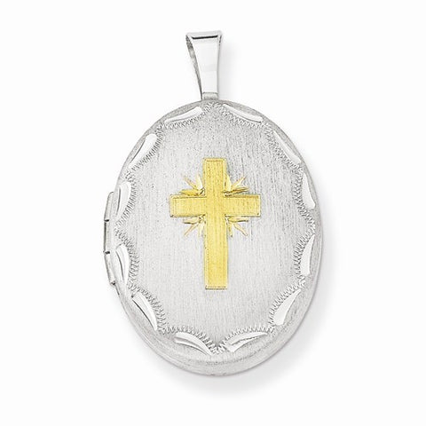 Sterling Silver Gold-Plated Cross W/Scallop Border 19mm Oval Locket