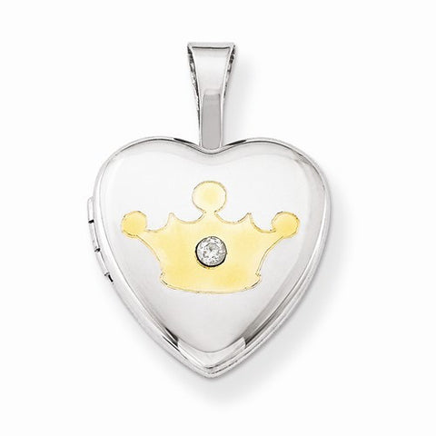 Sterling Silver Gold-Plated & Diamond Crown 12mm Heart Locket
