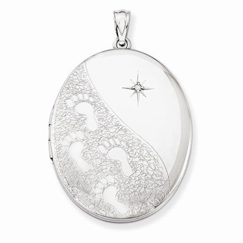 Sterling Silver & Diamond W/ Footprints 34mm Oval Locket