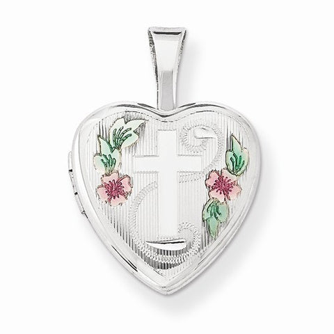 Sterling Silver Cross w/ Enamel Flowers 12mm Heart Locket