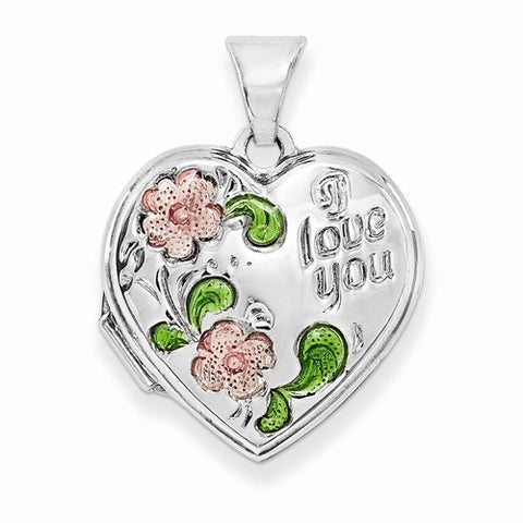 Sterling Silver Floral I Love You 18mm Heart Locket