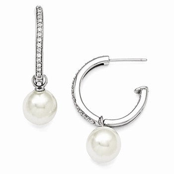 Sterling Silver 10-11 mm White Shell Pear CZ Hoop Earrings