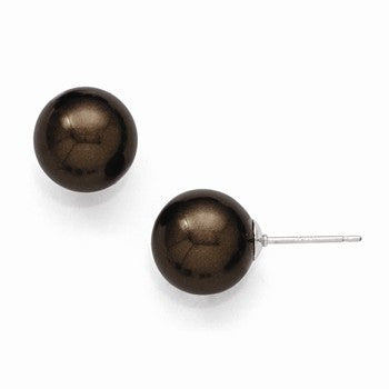Sterling Silver 10-11mm Round Brown Shell Pearl Stud Earrings
