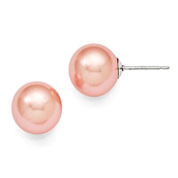 Sterling Silver 10-11mm Round Pink Shell Pearl Stud Earrings