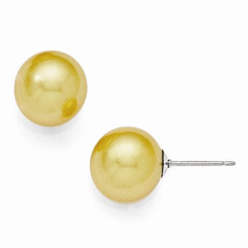 Sterling Silver 10-11mm Round Yellow Shell Pearl Stud Earrings