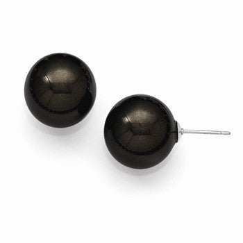 Sterling Silver 14-15mm Round Black Shell Pearl Stud Earrings