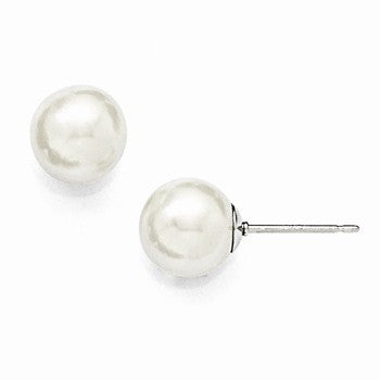 Sterling Silver 8-9mm Round White Shell Pearl Stud Earrings