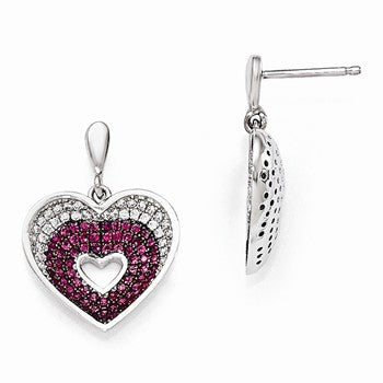Sterling Silver White Red CZ Polished Heart Earrings