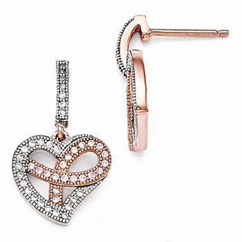 Sterling Silver Rose Gold-plated CZ Heart Polished Dangle Post Earrings