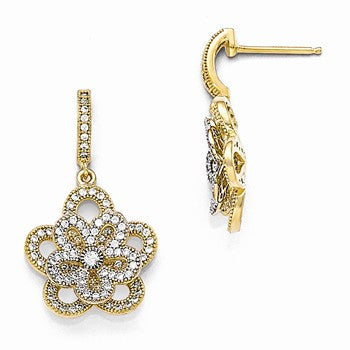 Sterling Silver Gold-plated CZ Flower Dangle Post Earrings