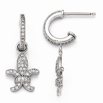 Sterling Silver CZ Fleur De Lis Dangle Post Earrings