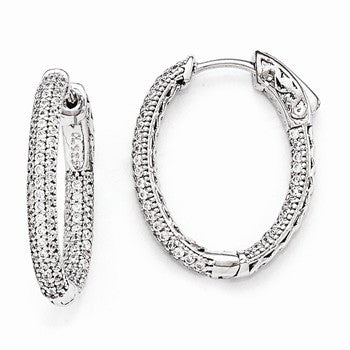 Sterling Silver Pave Rhodium-plated CZ Hinged Oval Hoop Earrings