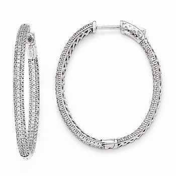 Sterling Silver Pave Rhodium-plated CZ Hinged Oval Hoop Earrings