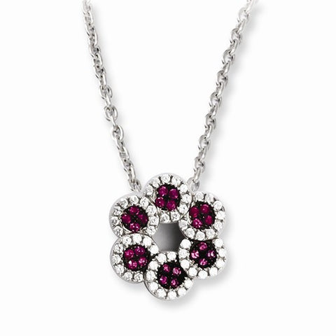 Sterling Silver & CZ Red Flower Necklace