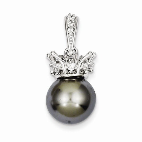 Sterling Silver Grey Syn. Pearl & CZ Crown Pendant, Pendants for Necklace