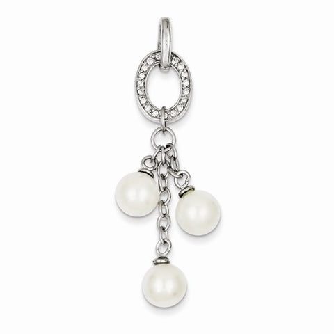 Sterling Silver CZ Oval Simulated Pearl Dangle Pendant, Pendants for Necklace