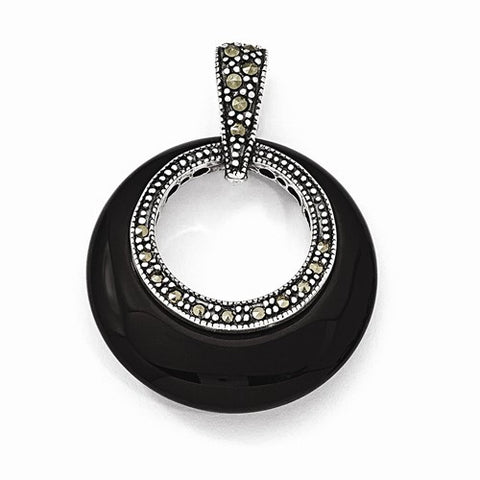 Sterling Silver Onyx & Marcasite Circle Slide Pendant, Pendants for Necklace