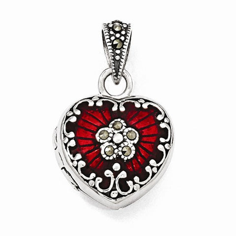 Sterling Silver Red Enamel & Marcasite Heart Locket