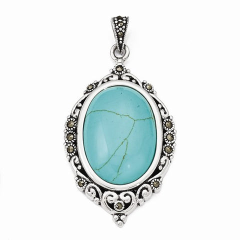 Sterling Silver Marcasite & Simulated Turquoise Pendant, Pendants for Necklace