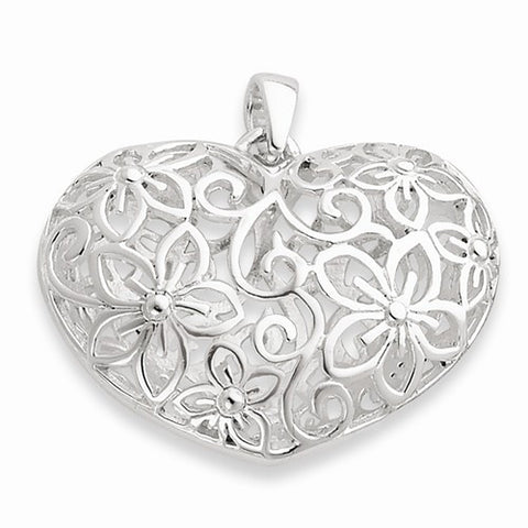 Sterling Silver Flower Filigree Design Puffed Heart Pendant, Pendants for Necklace