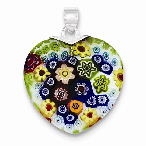 Sterling Silver Multicolored Glass Polished Fancy Heart Pendant, Pendants for Necklace