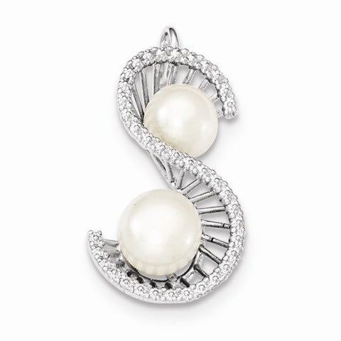 Sterling Silver S Shape CZ w/ Freshwater Cultured Pearls Pendant, Pendants for Necklace
