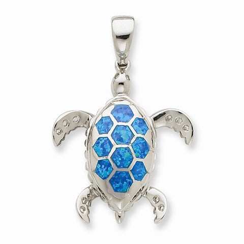 Sterling Silver Created Blue Opal Inlay & CZ Tortoise Pendant, Pendants for Necklace