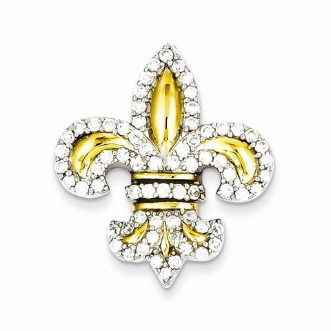 Sterling Silver CZ Fleur de Lis w/ Flash Gold-Plated Slide Pendant, Pendants for Necklace