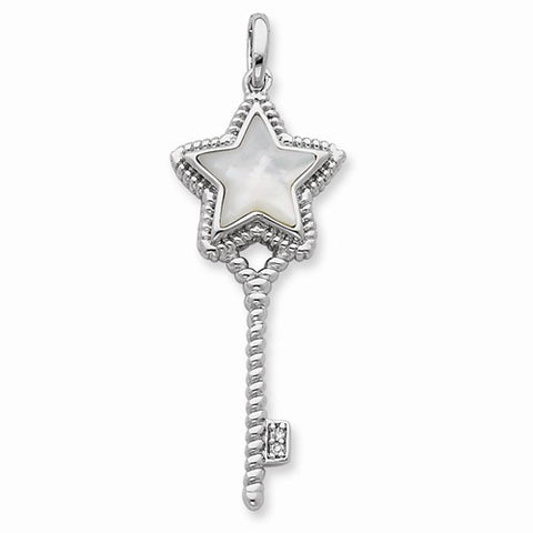 Sterling Silver Mother Of Pearl Star Top w/ CZ Key Pendant, Pendants for Necklace