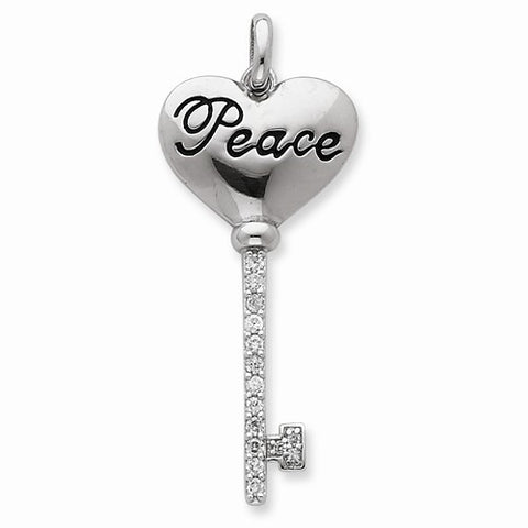 Sterling Silver Heart Top w/ Peace Inscription and CZ Key Pendant, Pendants for Necklace
