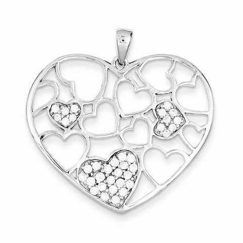 Sterling Silver Polished & CZ Hearts Pendant, Pendants for Necklace