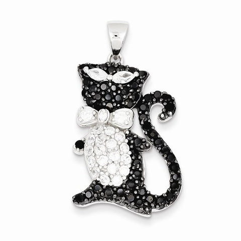 Sterling Silver Black & White CZ Cool Cat Pendant, Pendants for Necklace