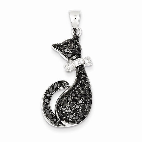 Sterling Silver Black & White CZ Cat with Bow Pendant, Pendants for Necklace