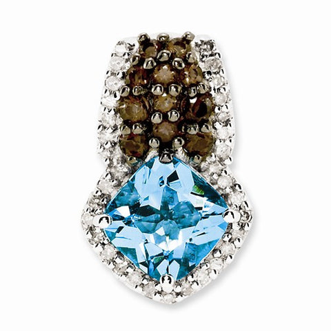 Sterling Silver Light Swiss Blue Topaz and Smokey Quartz & Diamond pendant, Alluring Pendants for Necklace