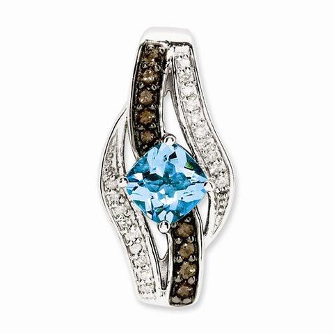 Sterling Silver Light Swiss Blue Topaz and Smokey Quartz & Diamond pendant, Pretty Pendants for Necklace