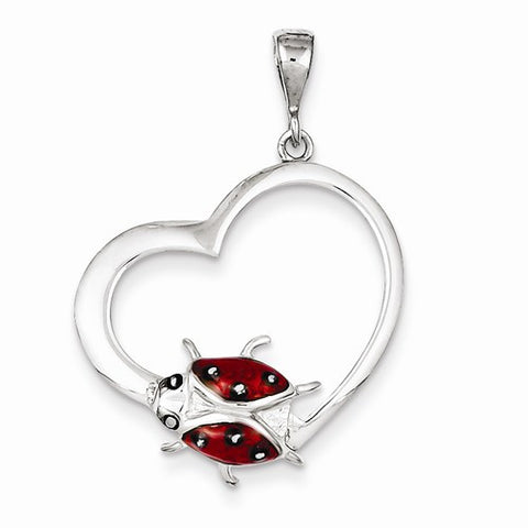 Sterling Silver Heart with Enameled Ladybug Pendant, Pendants for Necklace