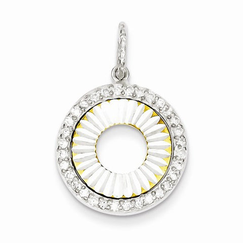 Sterling Silver and Flash Gold Plated CZ Diamond Cut Round pendant, Charm
