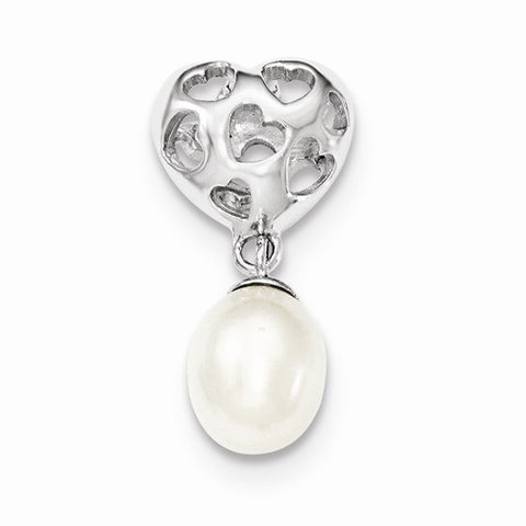 Sterling Silver Rhodium Plated Heart & White FW Cultured Pearl Slide Pendant, Pendants for Necklace