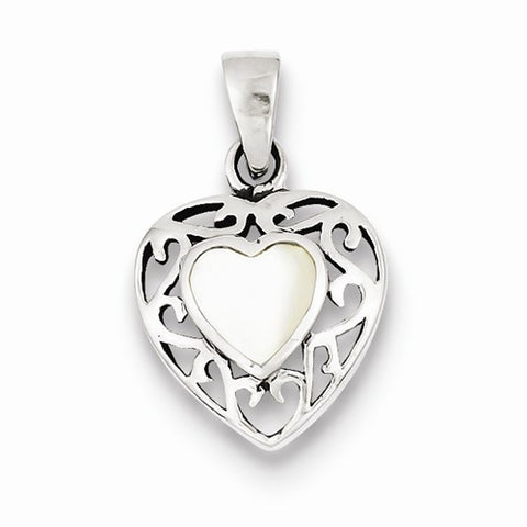 Sterling Silver Mother of Pearl Heart Antiqued Pendant, Pendants for Necklace