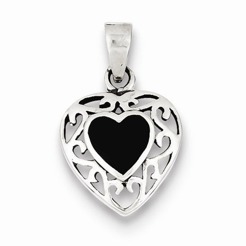 Sterling Silver Onyx Heart Antiqued Pendant, Pendants for Necklace