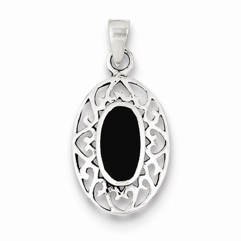 Sterling Silver Onyx Oval Antiqued Pendant, Pendants for Necklace