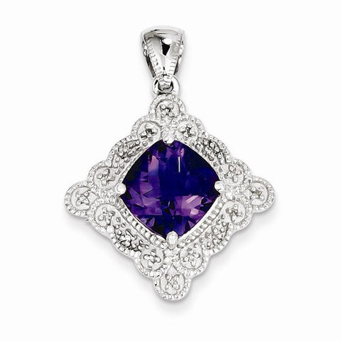 Sterling Silver Amethyst and Diamond Pendant, Lovely Pendants for Necklace