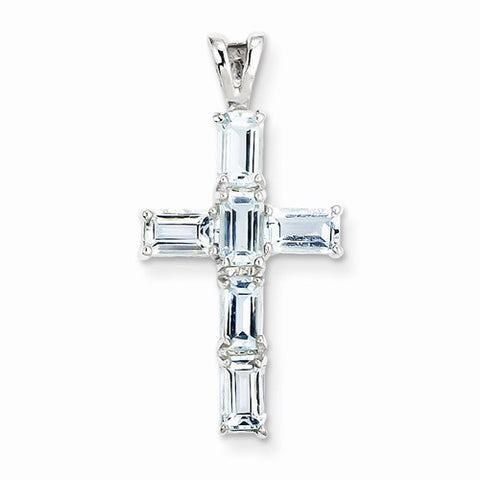 Sterling Silver Rhodium Plated Aquamarine Cross Pendant, Pendants for Necklace