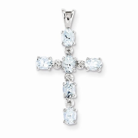 Sterling Silver Rhodium Plated Diamond & Aquamarine Cross Pendant, Pendants for Necklace