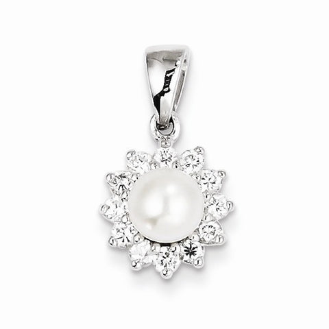 Sterling Silver Rhodium Plated FW Cultured Pearl & CZ Pendant, Pendants for Necklace