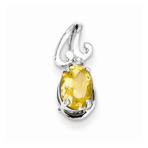 Sterling Silver Rhodium Plated Diamond & Citrine Oval pendant, Exquisite Pendants for Necklace