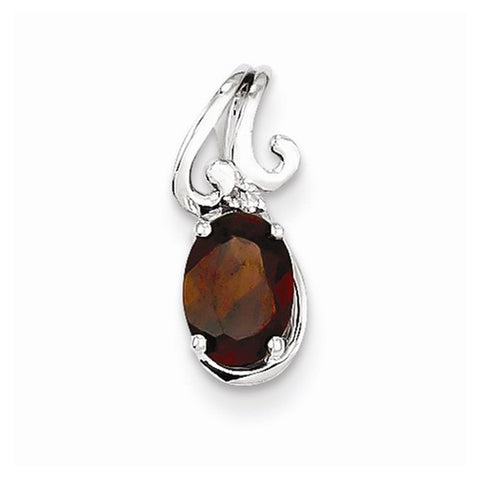 Sterling Silver Rhodium Plated Diamond & Garnet Oval pendant, Fine Pendants for Necklace